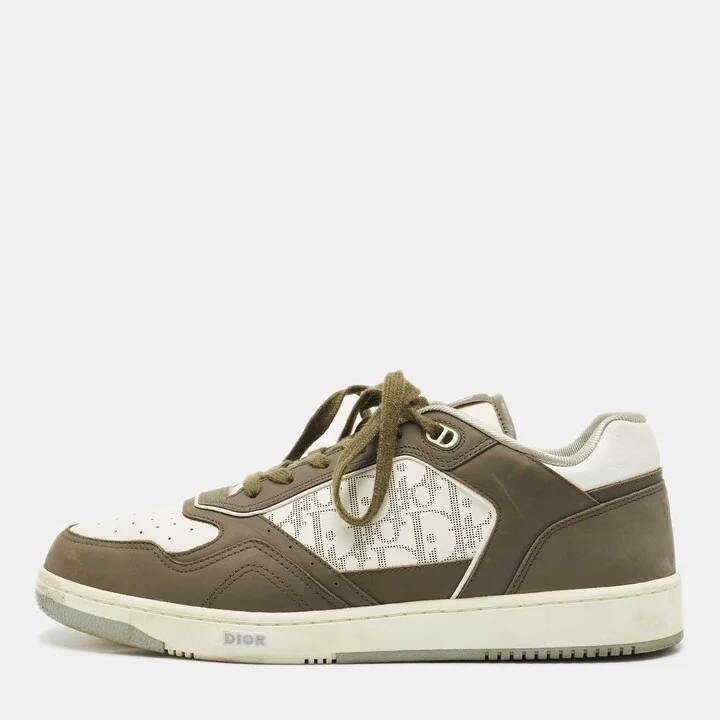 Dior White/Green Canvas and Leather B27 Lace Up Sneakers Size 44.5