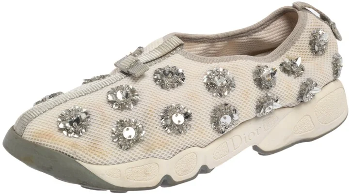 Dior White Mesh Fusion Floral Embellished Slip On Sneakers Size 38