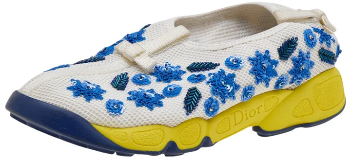 Dior White Mesh Fusion Floral Sequins Embellished Slip On Sneakers Size 37