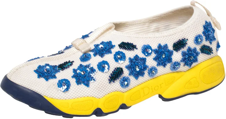 Dior White Mesh Fusion Floral Sequins Embellished Slip On Sneakers Size 38