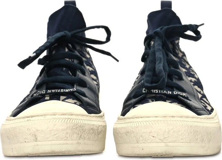 Dior Women's Oblique Perfo Leather Technical Knit Calfskin Oblique Walk'n'dior Mid Top Sneaker 39.5 Deep Blue (Authentic Pre-Lov