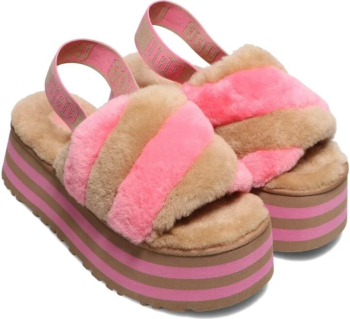 Disco Stripe 1120875-CPRC Slide Sandals Women's Chestnut Pink Rose Sheepskin
