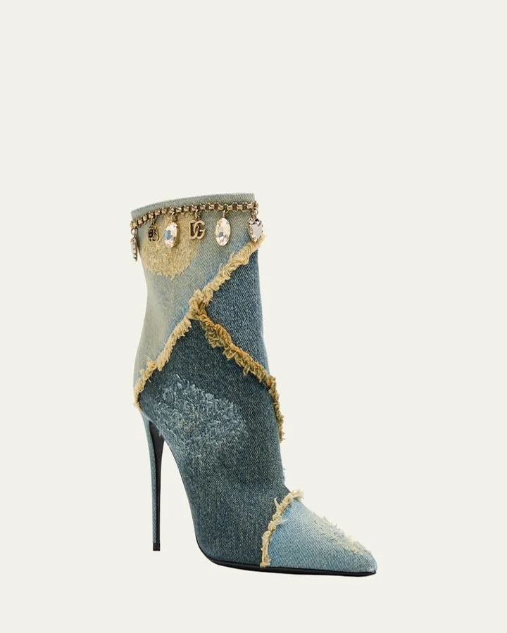 Distressed Denim Charms Ankle Booties - Image 3