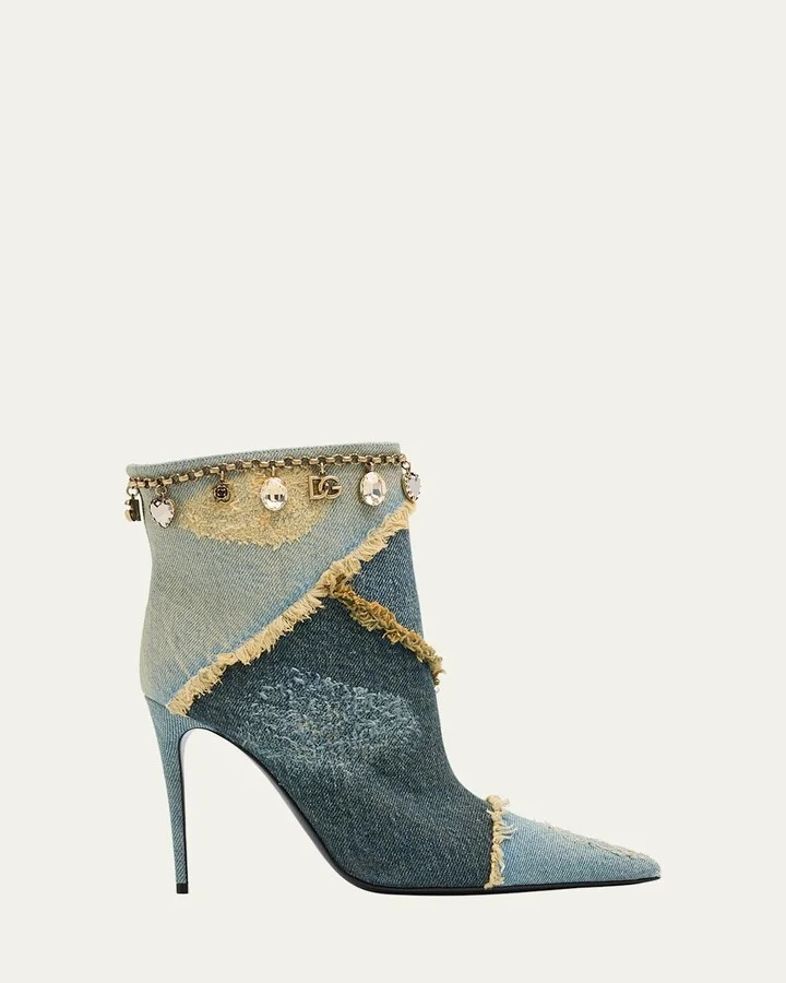 Distressed Denim Charms Ankle Booties