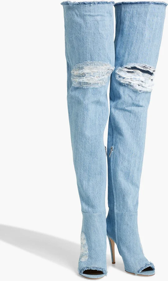 Distressed denim over-the-knee boots - Image 2