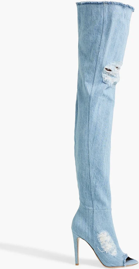 Distressed denim over-the-knee boots