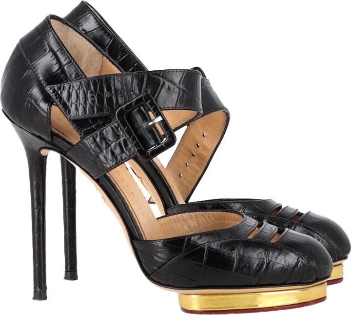 Divia Embossed Platform Pumps in Black Leather