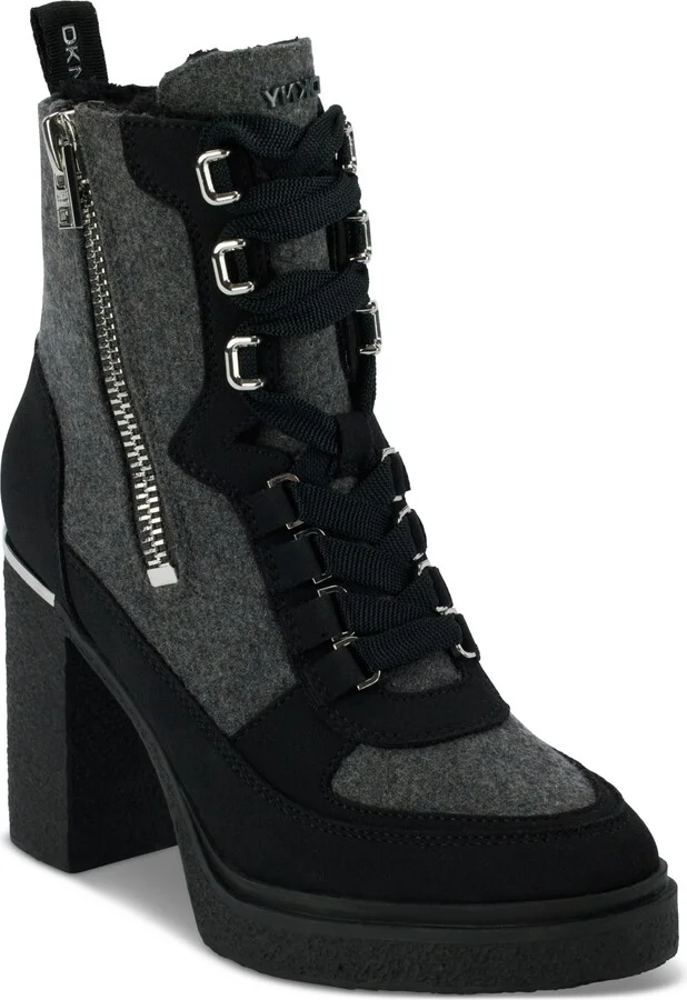 Dkny Women's Toia Lace-Up Zip Block Heel Booties - Grey/ Black