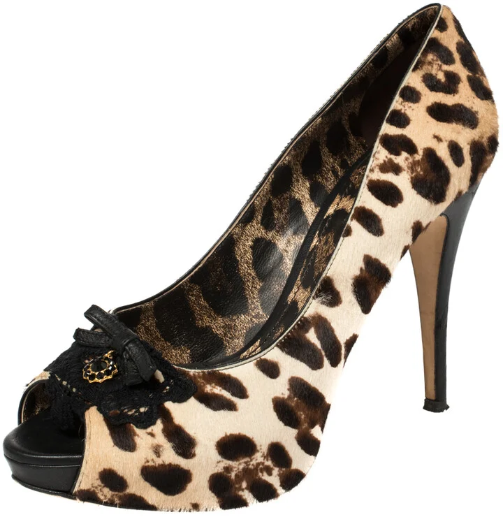 Dolce and Gabbana Leopard Print Pony Hair Peep Toe Platform Pumps Size 39.5