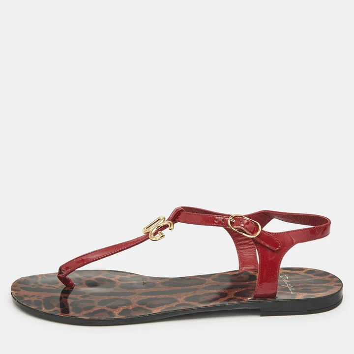 Dolce and Gabbana Red Patent Leather Jelly Bow Thong Flat Sandals Size 40