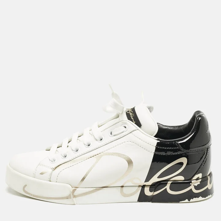 Dolce and Gabbana White/Black Leather Portofino Low Top Sneakers Size 38