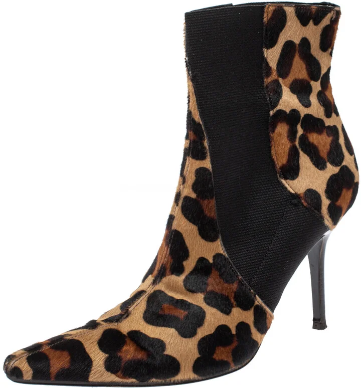 Dolce & Gabbana Animal Print Calf Hair and Elastic Fabric Knife Ankle Boots Size 38