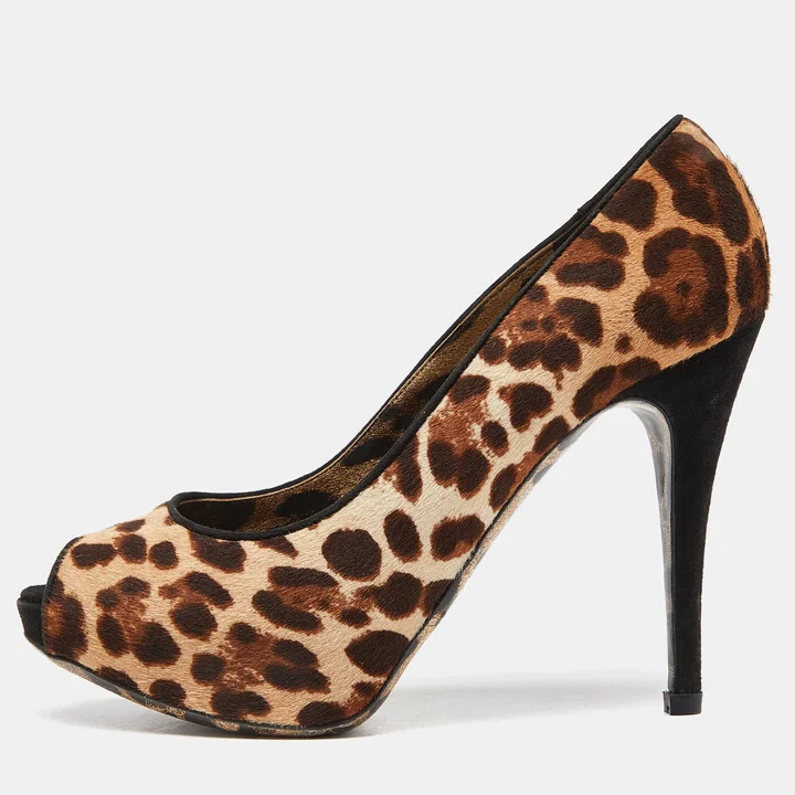 Dolce & Gabbana Beige/Brown Leopard Print Calfhair Peep Toe Pumps Size 39