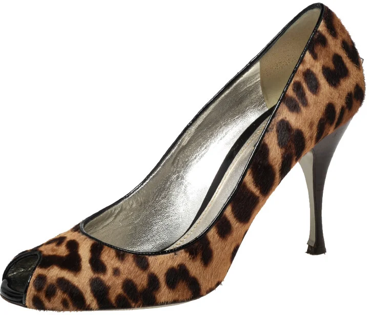 Dolce & Gabbana Beige/Brown Leopard Print Pony Hair Peep Toe Pumps Size 41