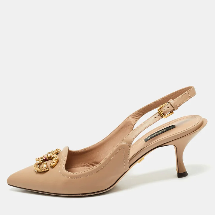 Dolce & Gabbana Beige Leather DG Amore Logo Embellished Slingback Sandals Size 39.5