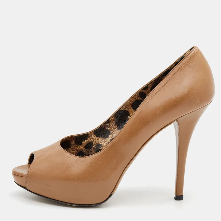 Dolce & Gabbana Beige Leather Peep Toe Platform Pumps Size 38.5