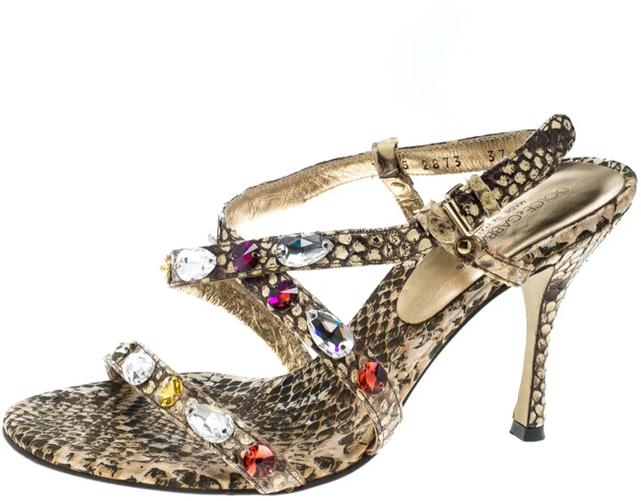 Dolce & Gabbana Beige Python Crystal Embellished Slingback Sandals Size 37