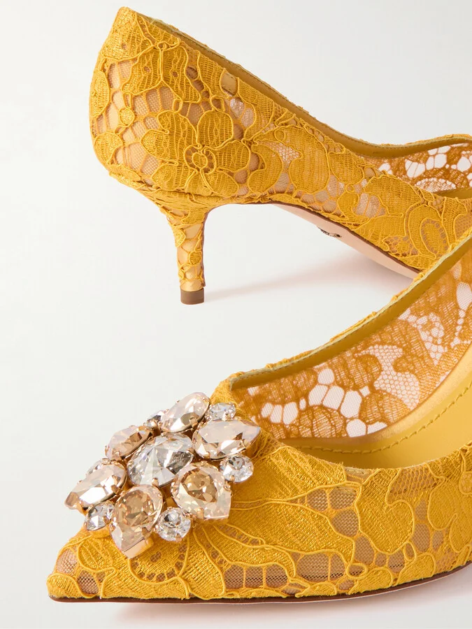 Dolce & Gabbana - Bellucci Crystal-embellished Corded Lace Pumps - Yellow - Image 4