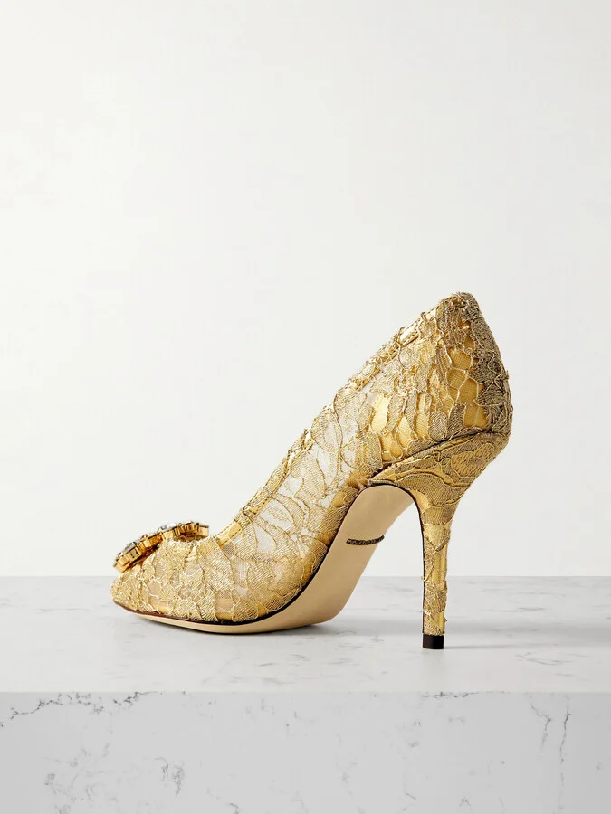 Dolce & Gabbana - Bellucci Crystal-embellished Metallic Corded Lace Pumps - Gold - Image 3