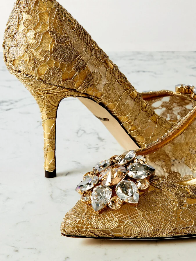 Dolce & Gabbana - Bellucci Crystal-embellished Metallic Corded Lace Pumps - Gold - Image 4