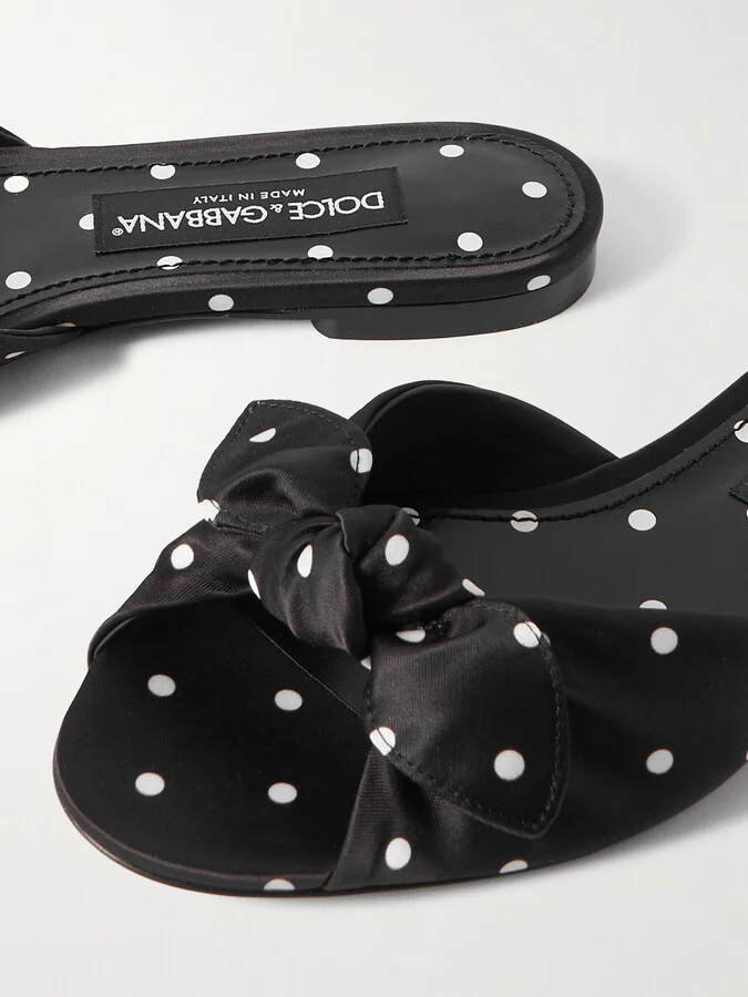Dolce & Gabbana - Bianca Bow-embellished Polka-dot Satin-twill Slides - Black - Image 4