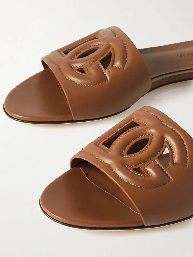 Dolce & Gabbana - Bianca Cutout Leather Slides - Brown - Image 4