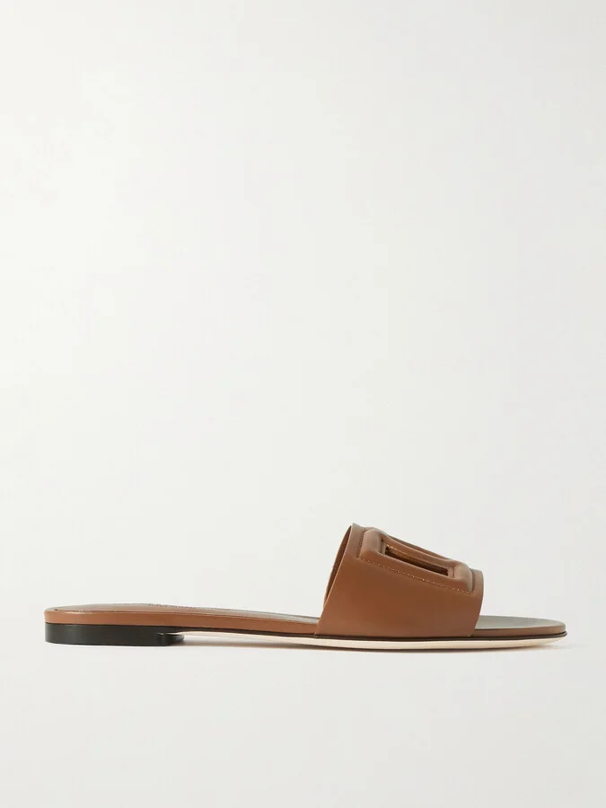 Dolce & Gabbana - Bianca Cutout Leather Slides - Brown - Image 5