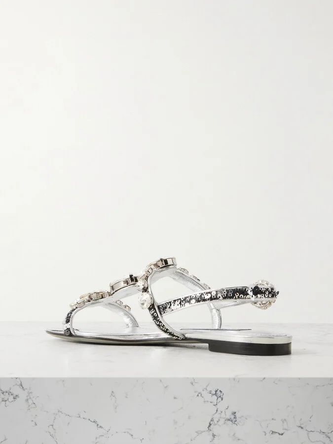 Dolce & Gabbana - Bianca Embellished Metallic Leather Sandals - Silver - Image 3