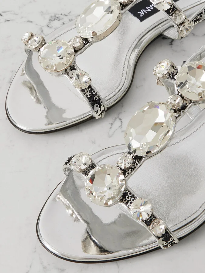 Dolce & Gabbana - Bianca Embellished Metallic Leather Sandals - Silver - Image 4
