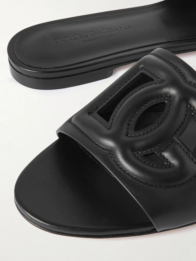 Dolce & Gabbana - Bianca Logo-embossed Cutout Leather Slides - Black - Image 4