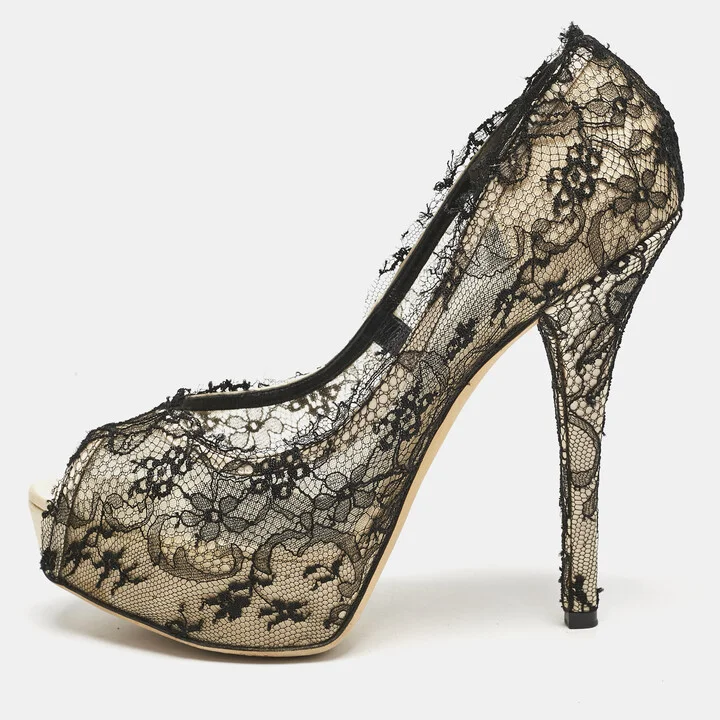 Dolce & Gabbana Black/Beige Lace and Satin Peep Toe Platform Pumps Size 40