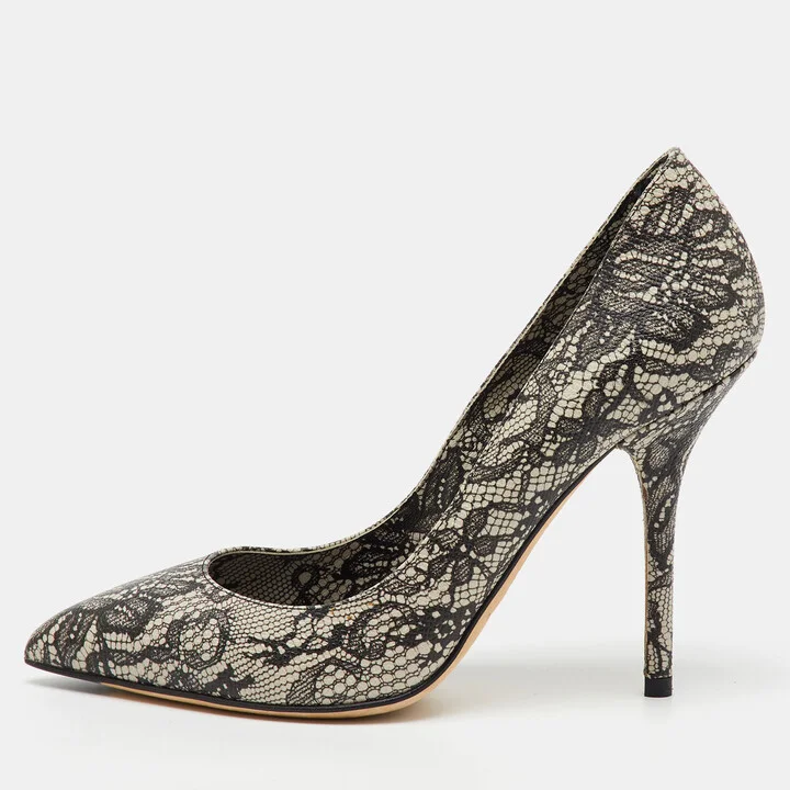 Dolce & Gabbana Black/Beige Leather Lace Printed Chantilly Pointed Toe Pumps Size 36