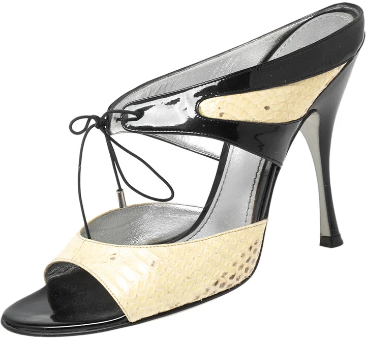 Dolce & Gabbana Black/Beige Patent And Python Leather Open Toe Sandals Size 40