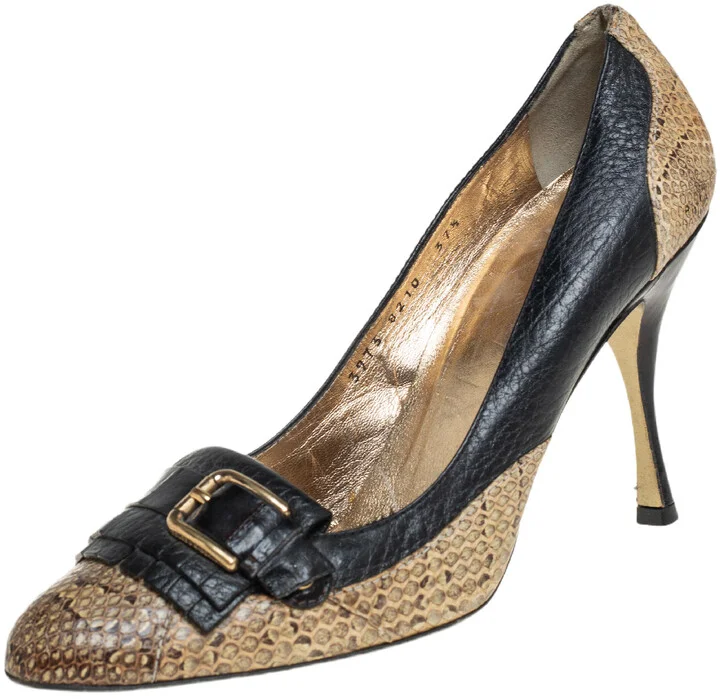 Dolce & Gabbana Black/Beige Python and Leather Buckle Detail Fringe Pumps Size 37.5