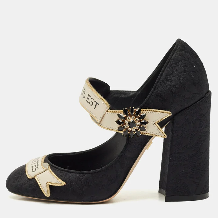 Dolce & Gabbana Black Brocade Fabric and Leather Crystal Embellished Mary Jane Pumps Size 37