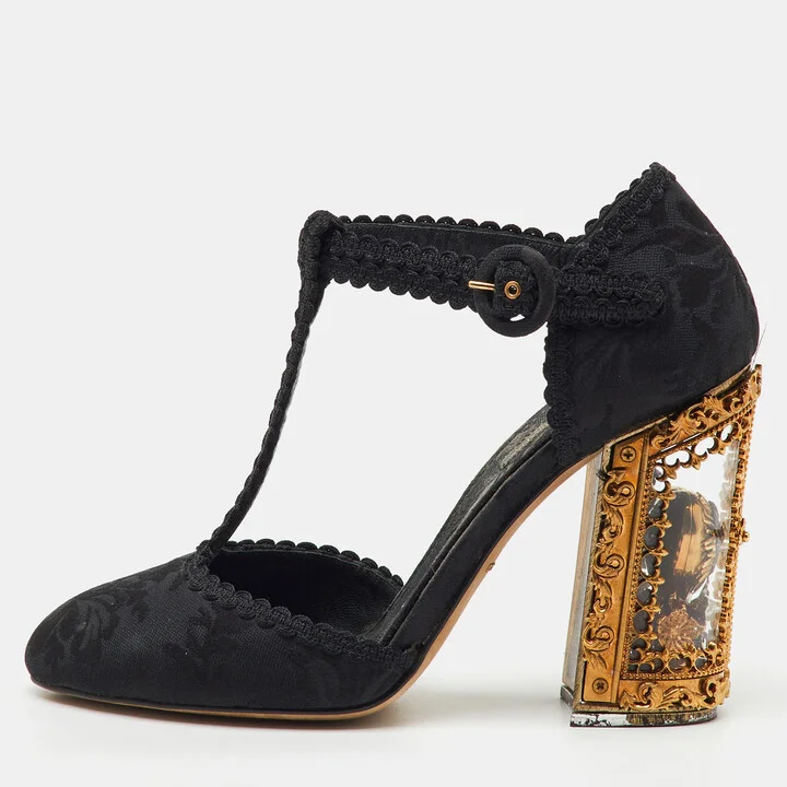 Dolce & Gabbana Black Brocade Fabric Sacred Heart T-Strap Pumps Size 37