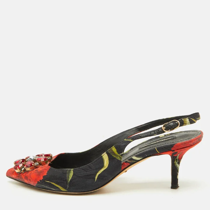 Dolce & Gabbana Black Brocade Floral Fabric Crystal Embellished Slingback Pumps Size 39.5