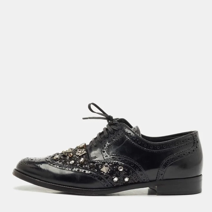 Dolce & Gabbana Black Brogue Leather Studded Embellished Lace Oxfords Size 40