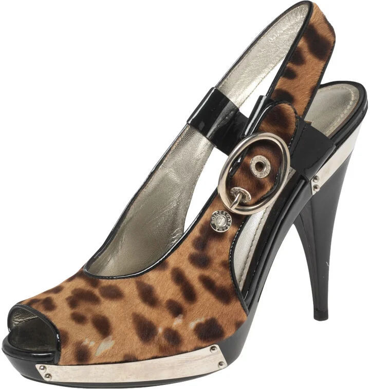 Dolce & Gabbana Black/Brown Leopard Print Pony Hair and Patent Leather Trim Platform Sandals Size 41