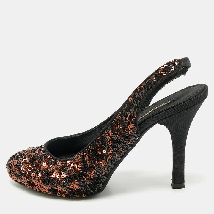 Dolce & Gabbana Black/Brown Sequins Slingback Pumps Size 37.5