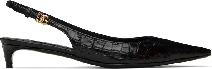 Dolce&Gabbana Black Crocodile-Print Calfskin Slingback Heels