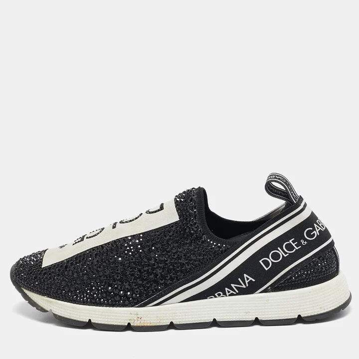 Dolce & Gabbana Black Crystals and Fabric Sorrento Slip On Sneakers Size 35