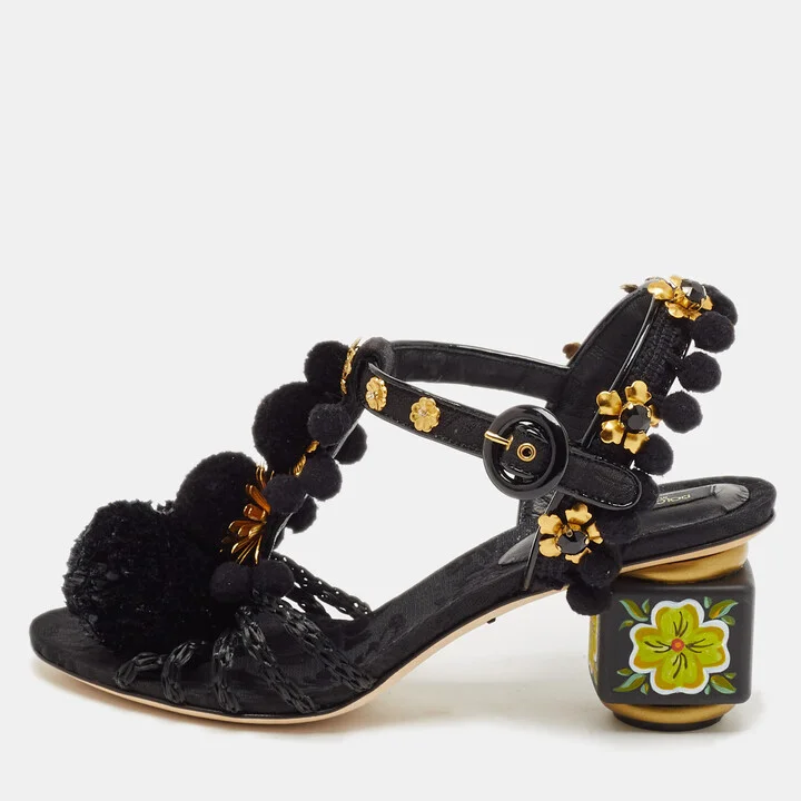 Dolce & Gabbana Black Fabric and Raffia Pom Pom Embellished T-Strap Sandals Size 35