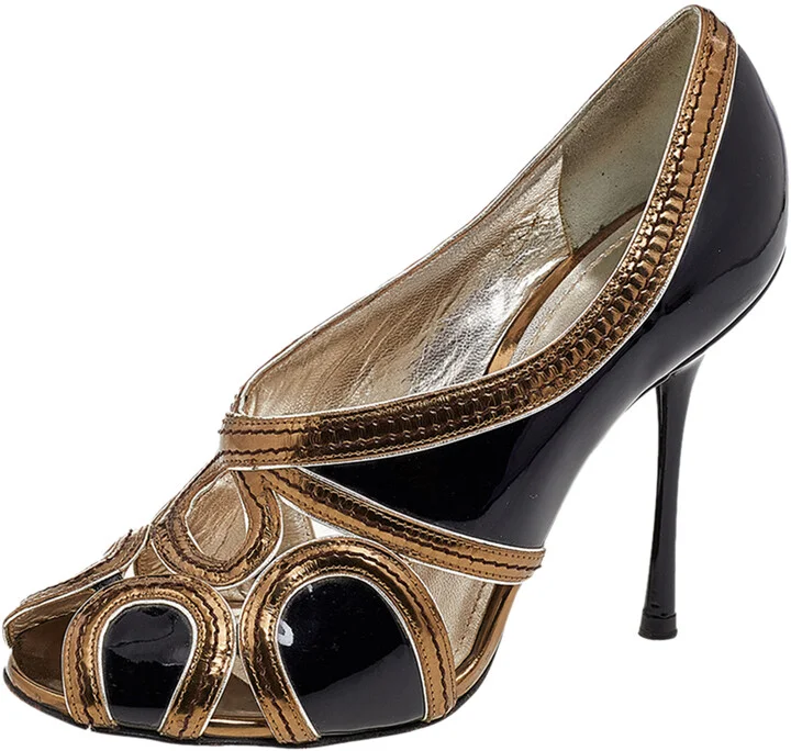 Dolce & Gabbana Black/Gold Patent Leather and Leather Peep Toe Pumps Size 36