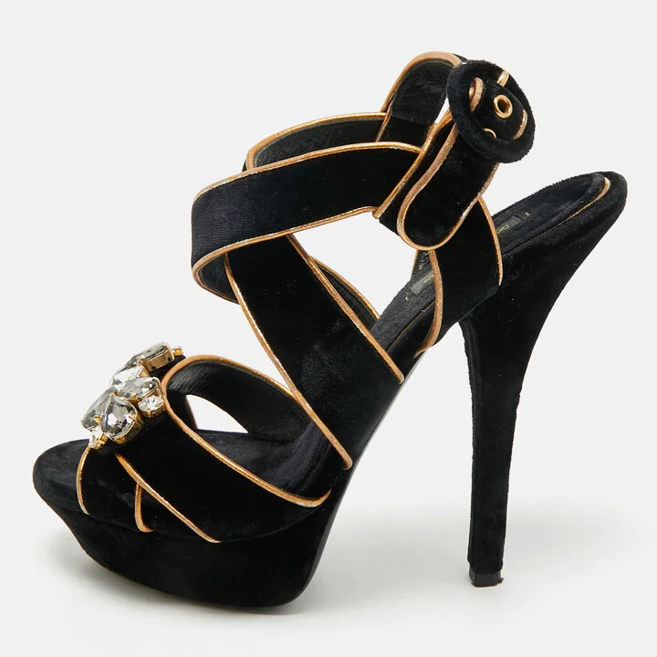 Dolce & Gabbana Black/Gold Velvet and Leather Crystal Embellished Platform Sandals Size 39