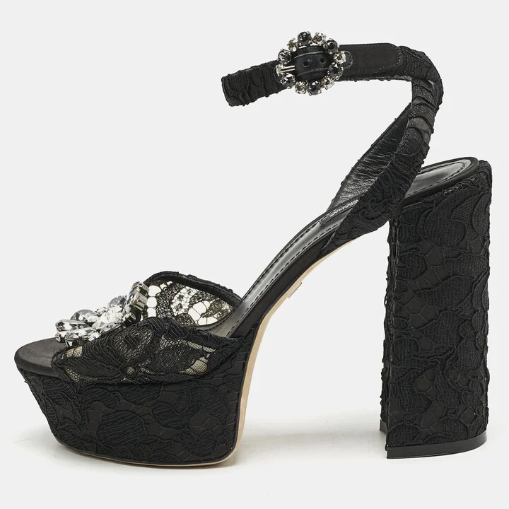 Dolce & Gabbana Black Lace and Mesh Crystal Platform Ankle Strap Sandals Size 40