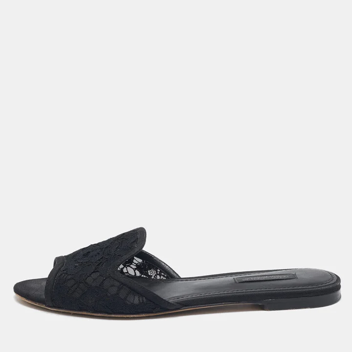 Dolce & Gabbana Black Lace and Mesh Flat Slides Size 36.5