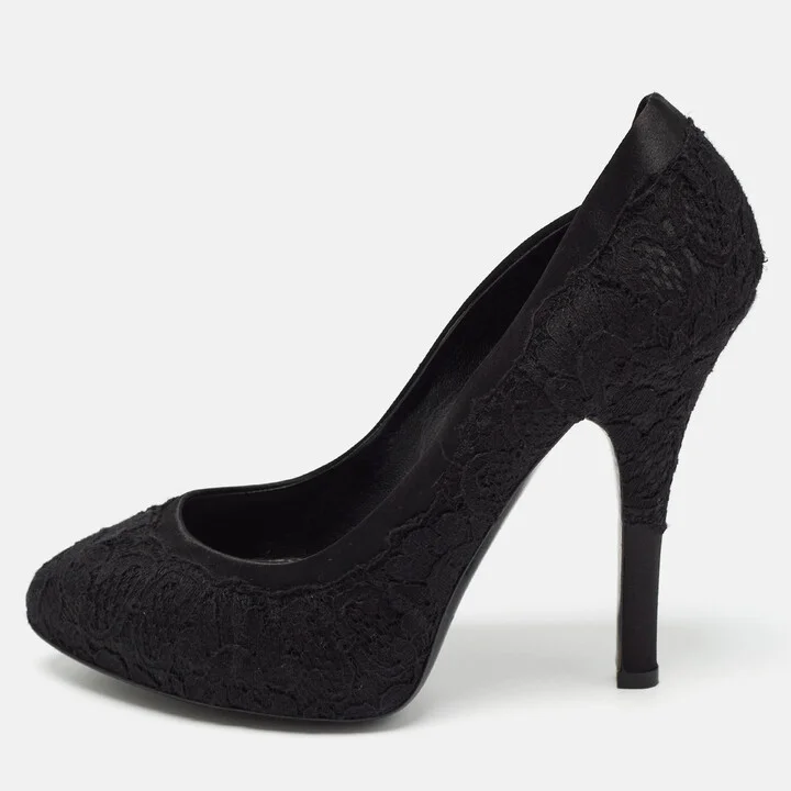 Dolce & Gabbana Black Lace and Satin Round Toe Pumps Size 37.5