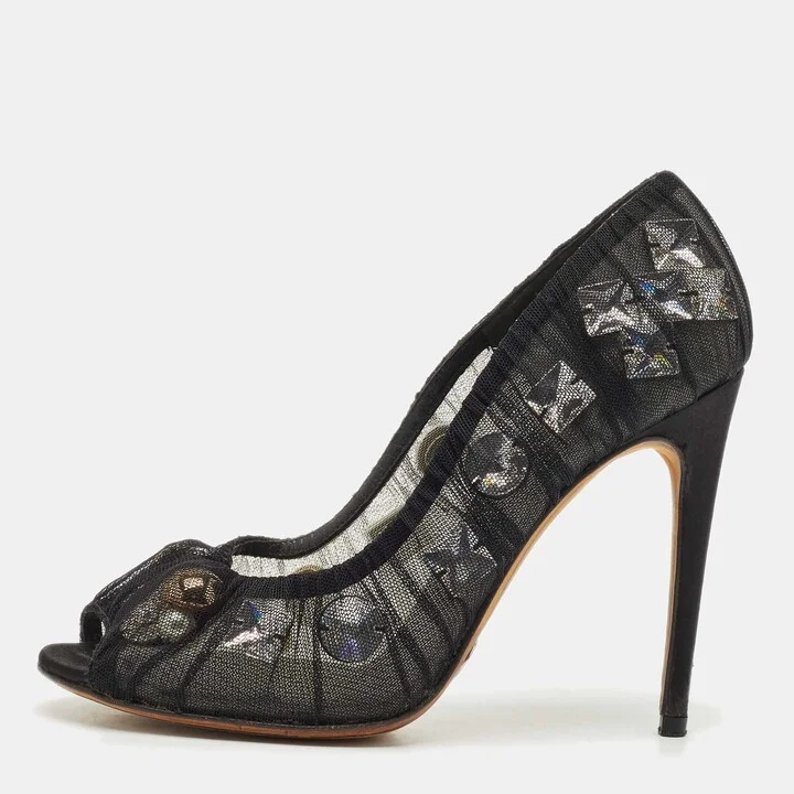Dolce & Gabbana Black Lace Crystal Embellished Open Toe Pumps Size 38