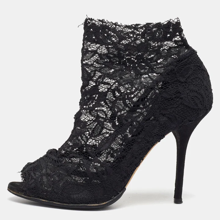 Dolce & Gabbana Black Lace Open Toe Ankle Boots Size 40